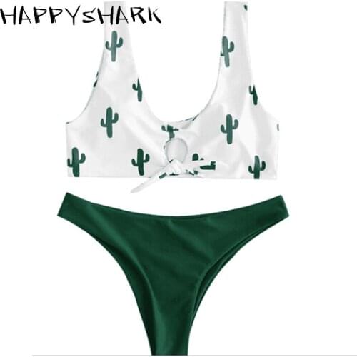 HAPPYSHARK Knot Bikinis 2019 Cactus Block Colors Swimwear Women Sexy Green Brazilian Thong Swimsuit Double Beach Swimming Suit