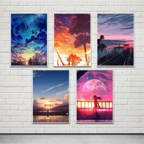 HD Prints Anime Landscape Canvas Painting Wall Art Cartoon Girl Tree Sky Poster Modern Home Decor Room Modular Pictures Frame