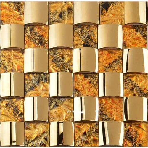 Arched Stainless Steel Metal Cap Gold Foil Hand Painted Glass Mosaic Wall Tile for Upright Column Shop Front Showroom Bar Decor