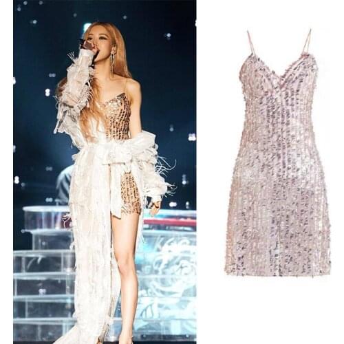 Kpop Korean Celebrity ROSE Sexy Deep V-neck Sequin Camisole Dress+White Feather cloak cardigan Long jackets Women two piece set