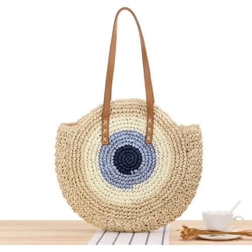 Round Straw Beach Bag Vintage Handmade Woven Shoulder Crossbody Bag Raffia Circle Rattan Bags Bohemian Summer Vacation Bags