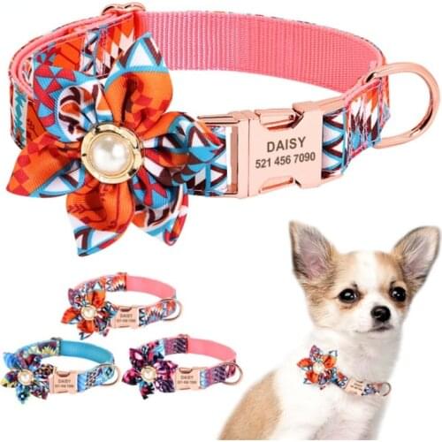 Custom Engraved Dog ID Collar Nylon Pet Leash Personalized Dogs Flower Collars With Cute Flower For Small Medium Large Dogs