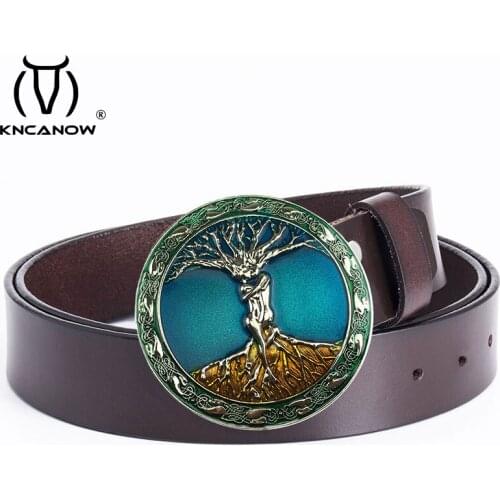 The New Classic Retro Fashion All-Match Genuine Leather Belt Tree of Life Round Buckle Simple Wide Belts For Women Jeans Female