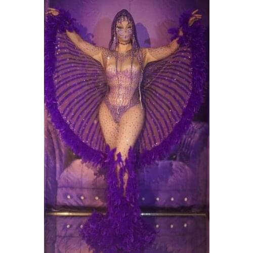 Sexy Purple Rhinestone Feather Perspective Party Prom Dress Women Wing Sleeve Evening Mermaid Long Dress Singer Stage Outfit Set