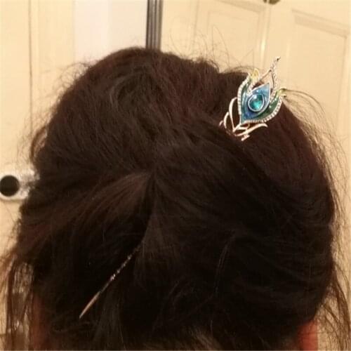 Blue Enamel Peacock Feather Hair Sticks Girls Wedding Hair Jewelry Top Crystal Hairpin Hair ornaments Golden Hair Clip Gifts