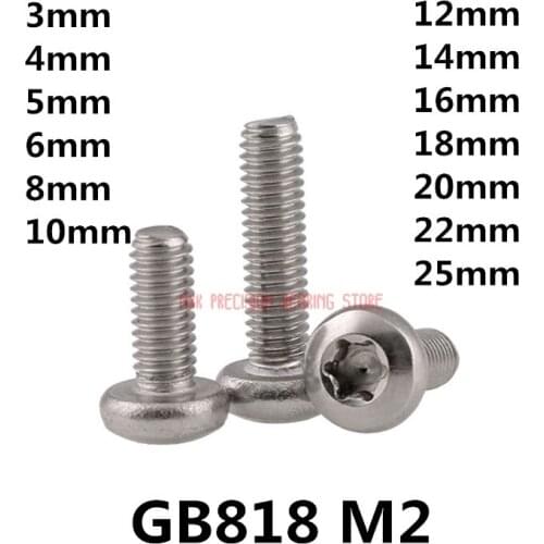 100pcs GB818 M2 304 Stainless Steel Phillips Cross recessed pan head Screw M2*(3/4/5/6/8/10/12/14/16/18/20/22/25)