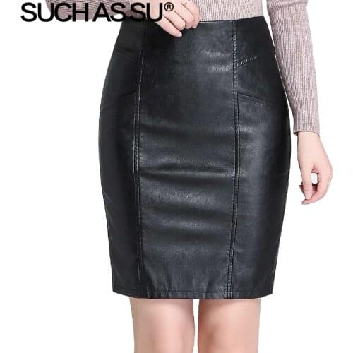 New Fashion 2019 High Quality Black PU Short Skirt Women High Waist Occupation Work Pencil Skirt S-3XL Size Female Leather Skirt