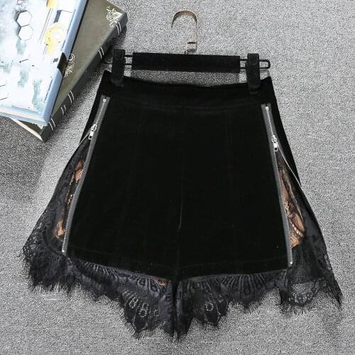 2021 Autumn Winter Women Velvet Wide Leg Shorts Black New Lace Edge High Waist Slim Western Style A- Line