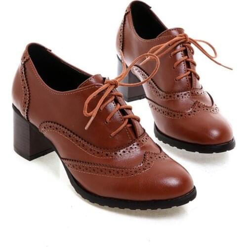 US4-11 Vintage Womens Lace Up Flock Block Chunky Mid Heels Oxfords Shoes Casual Brouge Low Top Pumps Mary Janes 3Colors Plus Sz