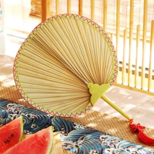 Hand-Cranked Womens Big Fan Summer Portable Fan Style Antique Style Palm-Leaf Fan Dance round Fan Old-Fashioned Palm-Leaf