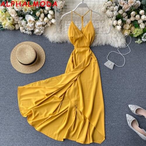 ALPHALMODA 2020 Summer Women Fashion Beach Dress V Neck Backless High Waist Irregular Sling Dress Solid Chiffon Mid-calf Dress