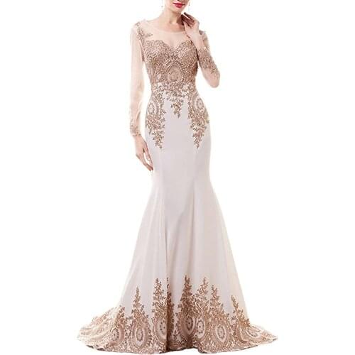 Elegant Dubai Arabic Golden Lace Mermaid Beaded Evening Dress Long Sleeve Chapel Train Gown with Embroidery