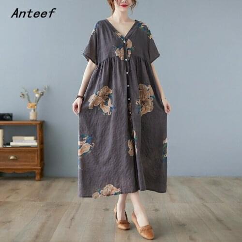 Short sleeve cotton vintage floral dresses for women casual loose long woman summer shirt dress elegant clothes 2021