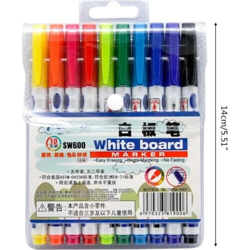10 Colors Erasable Whiteboard Marker Pen Non Toxic Sign Fine Nib Student Drawing Pens Office School Supplies