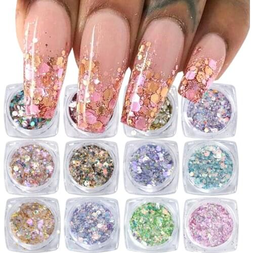 12pcs Nail Glitter Powder Set Holographic Shining Gel Polish 3D Sequins For Manicure Nails Art Flakes Dust Decoration Tools BEDJ