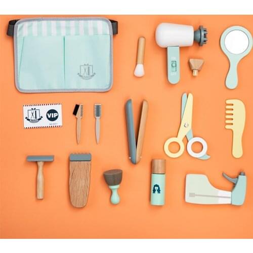 18Pcs/Set Haircut Toy Set Simulation Pretend Play Wooden Hairdressing Kit Kids Early Education Toys Gifts for Children