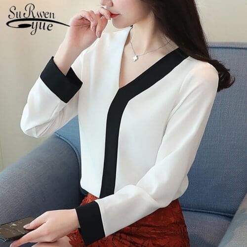 2021 fashion chiffon office lady shirt women blouse long sleeve white women tops V-neck womens clothing shirts blusas D826 30
