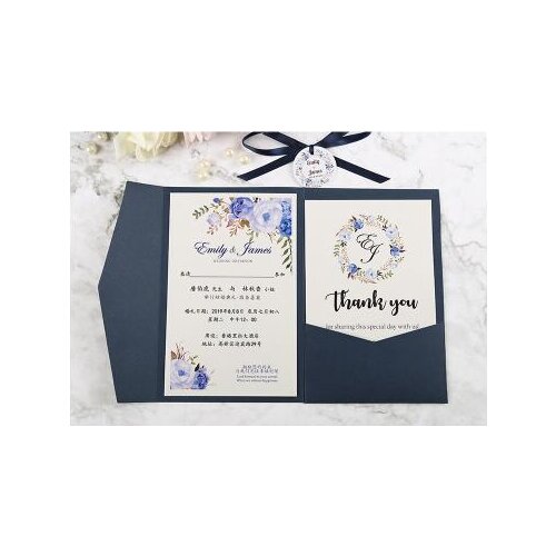 300pcs Blue Pocket Burgundy Greeting Cards with Envelope Customized Party Wedding Invitations with Ribbon and Tag lin4548
