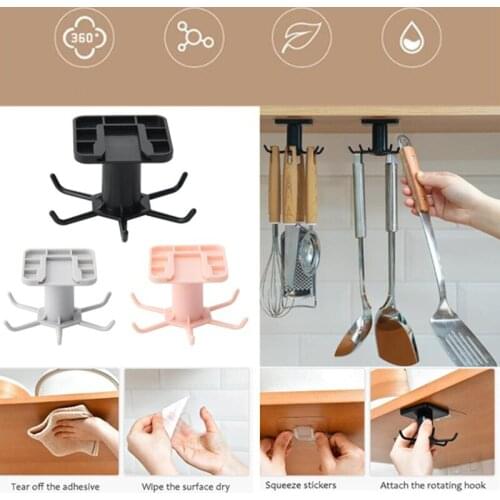 360 Rotation Rotatable Hooks for Kitchen Organizer and Storage Hanging Creative Tableware Bathroom Organizer Self Adhesive Hooks