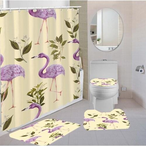 4 Pieces Bathroom Set Flamingo Waterproof Shower Curtain Bathroom Mat Set Pedestal Rug Lid Toilet Cover Washroom Rug Set