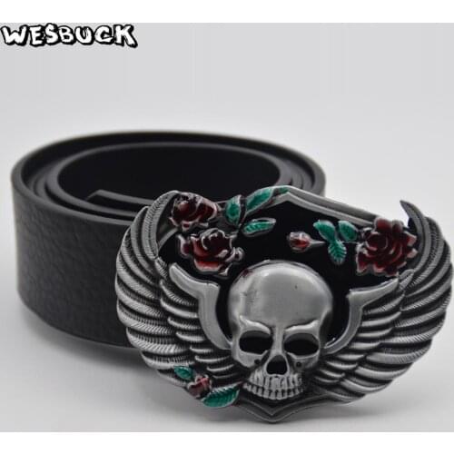 5 PCS MOQ WesBuck Brand Classic 3D Roses Skull Belt Buckle For Men Jeans accessories Mens Silver Belt Buckles With PU Belt