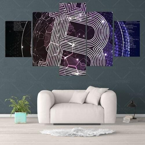 5 Piece Large Modern Wall Art Purple Bitcoin Abstract Canvas Wall Art Print Framed Picture Painting for Room Home Decorations