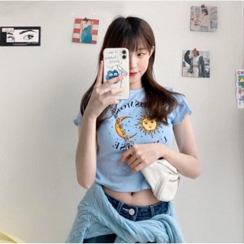 Women Summer Cartoon Sun Moon Print T-shirt O-neck Short Sleeve T shirt Harajuku Butterfly Streetwear Clothes Cotton T-shirt Top