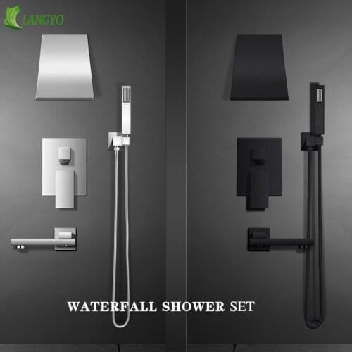 Chrome Brass Shower Faucets Black Waterfall Shower Set Rain Taps Bathroom Concealed Mixer Faucet Wall Mounted Shower Armatur