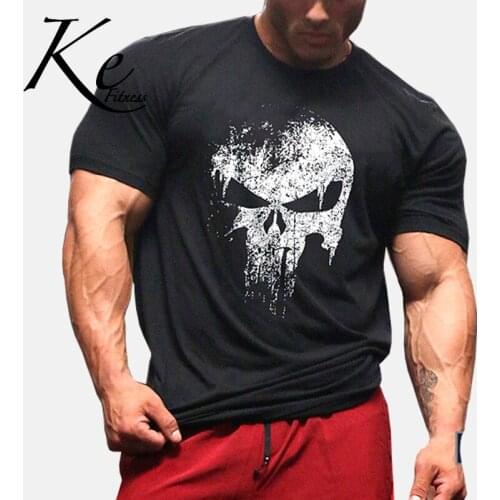 KE Fitness T-shirt short sleeve mens cotton round neck print slim muscle fitness gym T-shirt