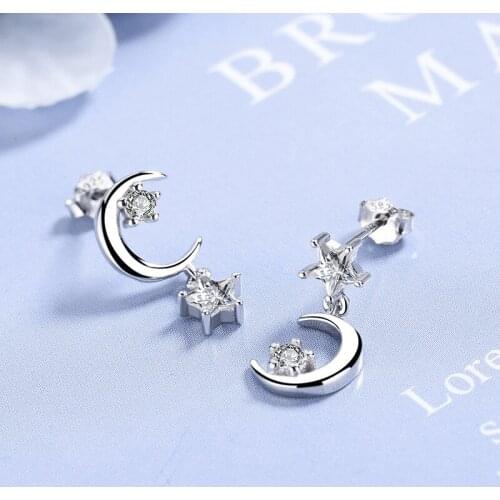 Korean Version of Star and Moons Stud Earrings Ladies Fashion S925 Silver Earrings Asymmetric Zircon Rhinestone Party Earrings