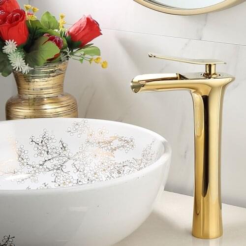 Basin Faucet Brass Sink Mixer Tap Hot & Cold Bathroom Basin Faucet Single Handle Deck Mounted Golden Waterfall Water Crane Mixer