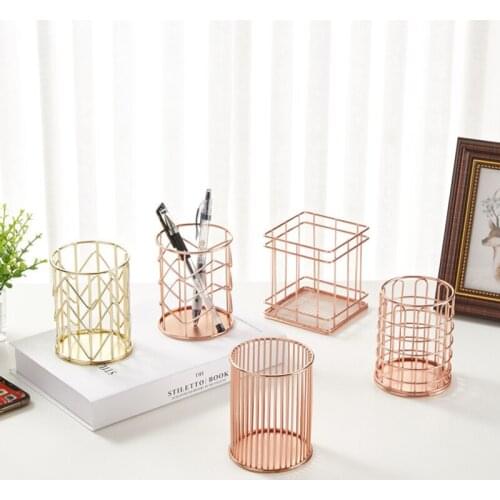 Metal Wrought Iron Pen Holder Office Storage Organizing Basket Cosmetic Brush Storage Bucket Multifunctional Pencil Case