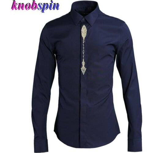 Gothic Embroidery Shirt men 2019 long sleeve Turn-down collar Clothes Classic Business male Dress Shirts Plus size M-4XL Camisas