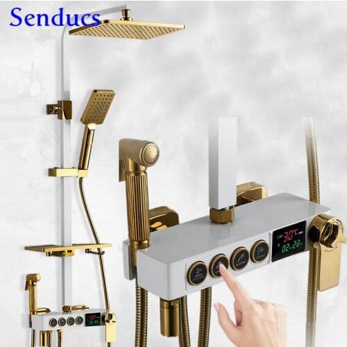 White Gold Bathroom Shower Set with Brass Bathtub Mixer Taps Rainfall Shower Head Luxury Thermostatic Digital Shower Mixer Set