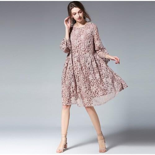Plus size dresses women casual loose Elegant dress high waist crew neck flare sleeve lace mini dress oversize XL to 4XL pink