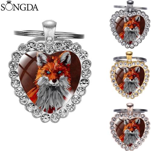Romantic Lovely Fox Handmade Keychain Cute Animal Head Fox Pendant Glass Cabochon Heart Pendant Key Chain Art Gift Jewelry Women