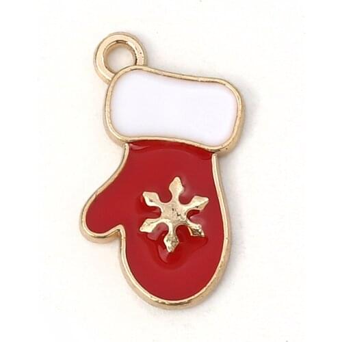 Christmas Gloves Charms Zinc Based Alloy Gold Color White & Red Christmas Snowflake Enamel 18mm x 11mm For DIY Jewelry, 2 PCs