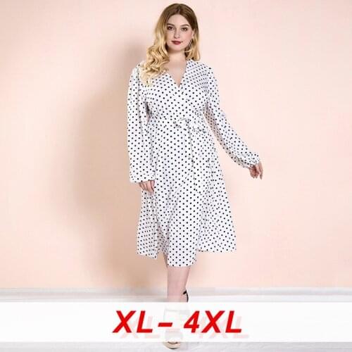 Long Puff Sleeve Deep V Neck Party Belted Wrap Dresses Woman High Street Dot Bandage Dress Plus Size Women Retro Casual Dress