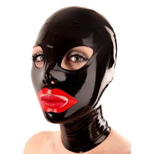 Latex Hood Sexy Rubber Handmade Manacle Mask with Open Big Eyes and Open Mouth Cosplay Latex Mask Customer Size