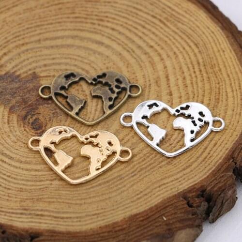 30PCS Gold Color Heart World Map Charm Connector for Jewelry Making Bracelet Accessories Necklace DIY 26x16mm