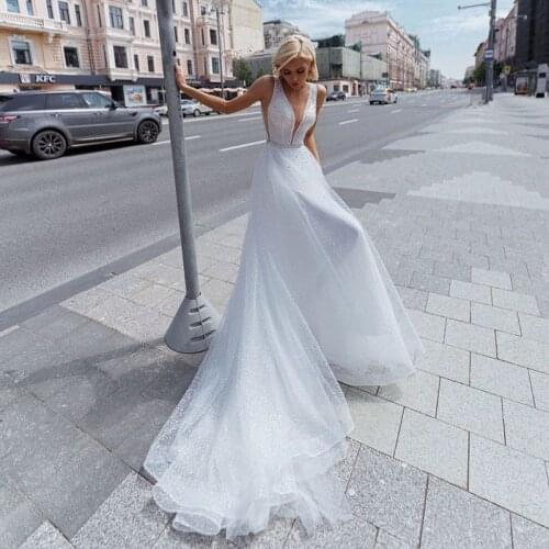 Princess Wedding Dress Sexy V Neck Beads Shiny Glitter Boho Bridal Dress Tulle Beach Wedding Gowns Plus Size