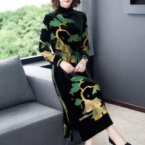 Autumn Winter New Fashion Women Silk Like Velvet Dress With Medium Long Colorful Work Wear Dresses