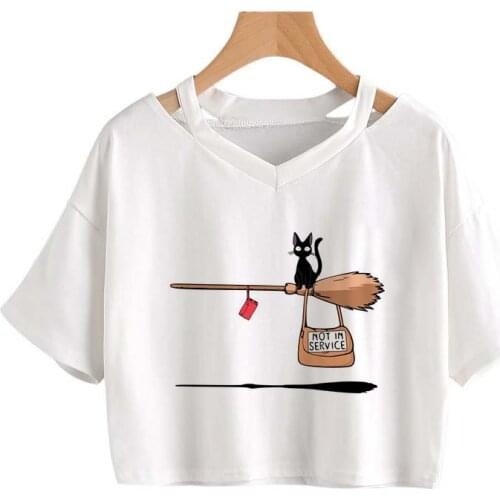 Cute Cat Not In Service Comics Printing Women T-shirt Punk Cartoons Gothic Crop Tops Tees V-neck Harajuku Vintage Cropped shirt
