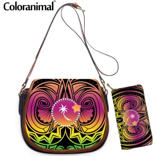 Coloranimal Gradient Color Chuuk Polynesian Plumeria Printed Women Crossbody Bag PU Leather 2Pcs/Set Shouder Bag&Wallet Bolsa