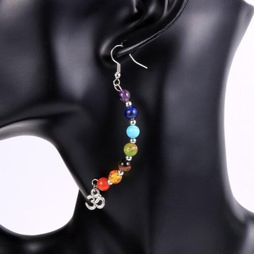 Women Natural Stone 7 Chakras Earring Dangling Pierced Earrings Hoops Long Yoga OM Wave Star Charm Reiki Prayer Hanging Jewelry