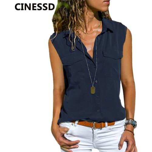 CINESSD Turn Down Collar Sleeveless Tee Shirts Women Solid Cardigan Button Spring Summer Casual Tops Loose Office Ladies Tshirts