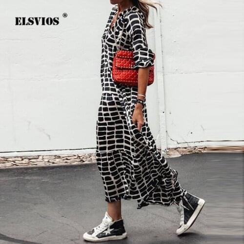 Women Fashion Lattice Printed Long Dress Casual Summer Long Sleeves Dresses 2021 New Ladies Elegant V Neck Party Dress Vestidos