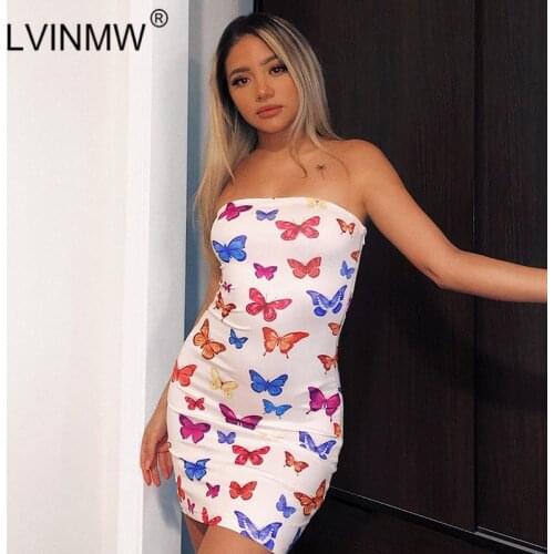 LVINMW Sexy Multicolor Butterfly Print Bodycon Dress 2020 Summer Women Strapless Slash Neck Mini Dress Fashion Party Streetwear