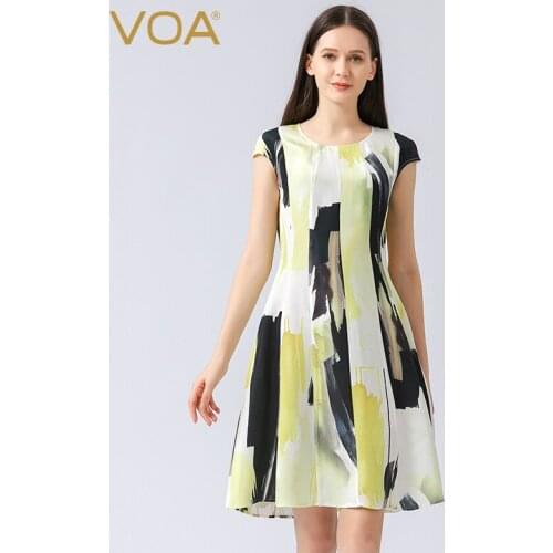 VOA100% Mulberry Silk Round Neck Shoulder Sleeve Loose Woman Dress Waist Fish Tail Simple Lady Heavy Thick Silk Dress AT125