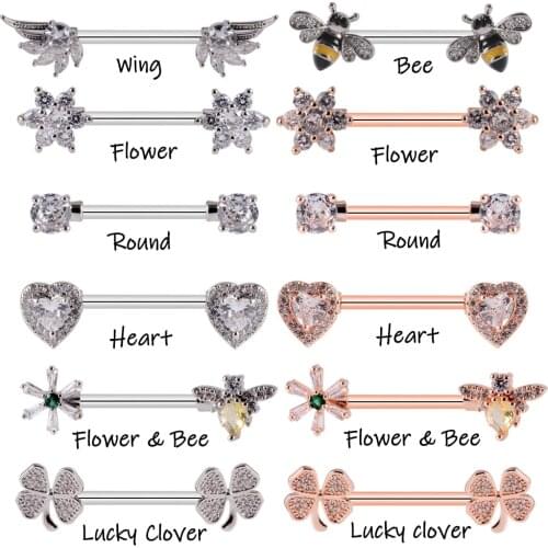 1Pair Nipple Piercing Heart Barbell Nipple Shield Flower Lucky Clover Charming Accessories For Women Body Piercing Jewelry 14G